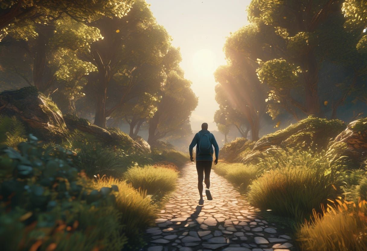 Man Emerges from Mysterious Forest into Vibrant Morning Ligh...