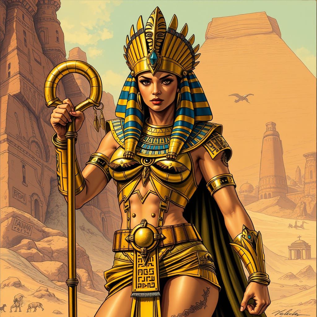 Pharaoh Superheroine with Ankh in Egyptian Desert