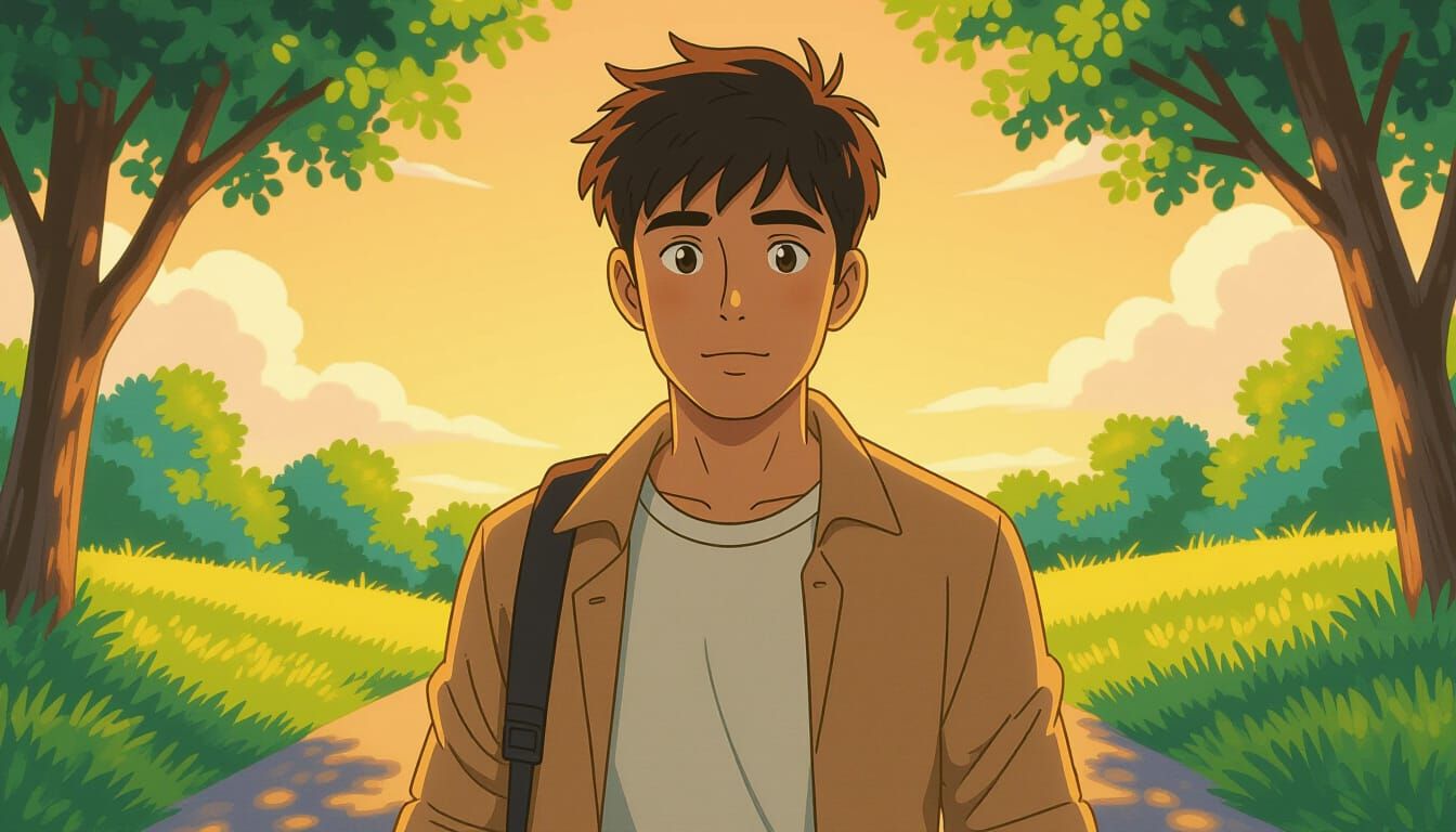Indian Man in Sunrise Light - Anime Style Illustration