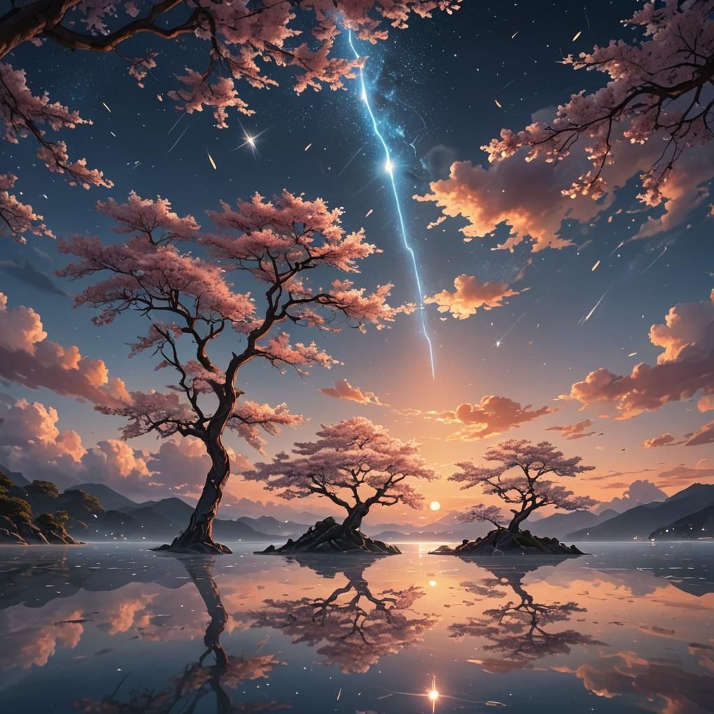 Mystical Sunset: Sakura Tree Reflection in Anime Style