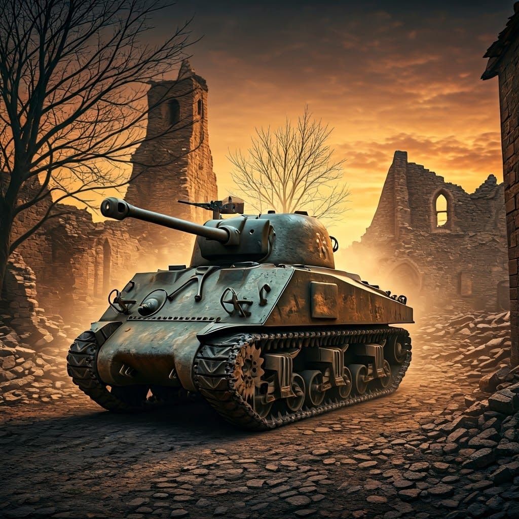 M4 Sherman Tank in War-Torn France, Cinematic Style