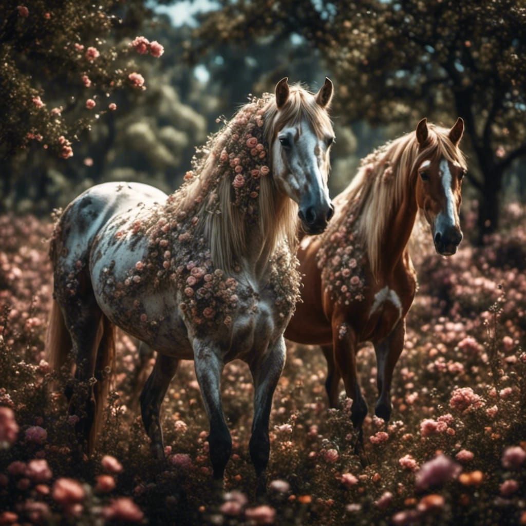 Wild Horses in a Flower Field, Hyperrealistic HDR