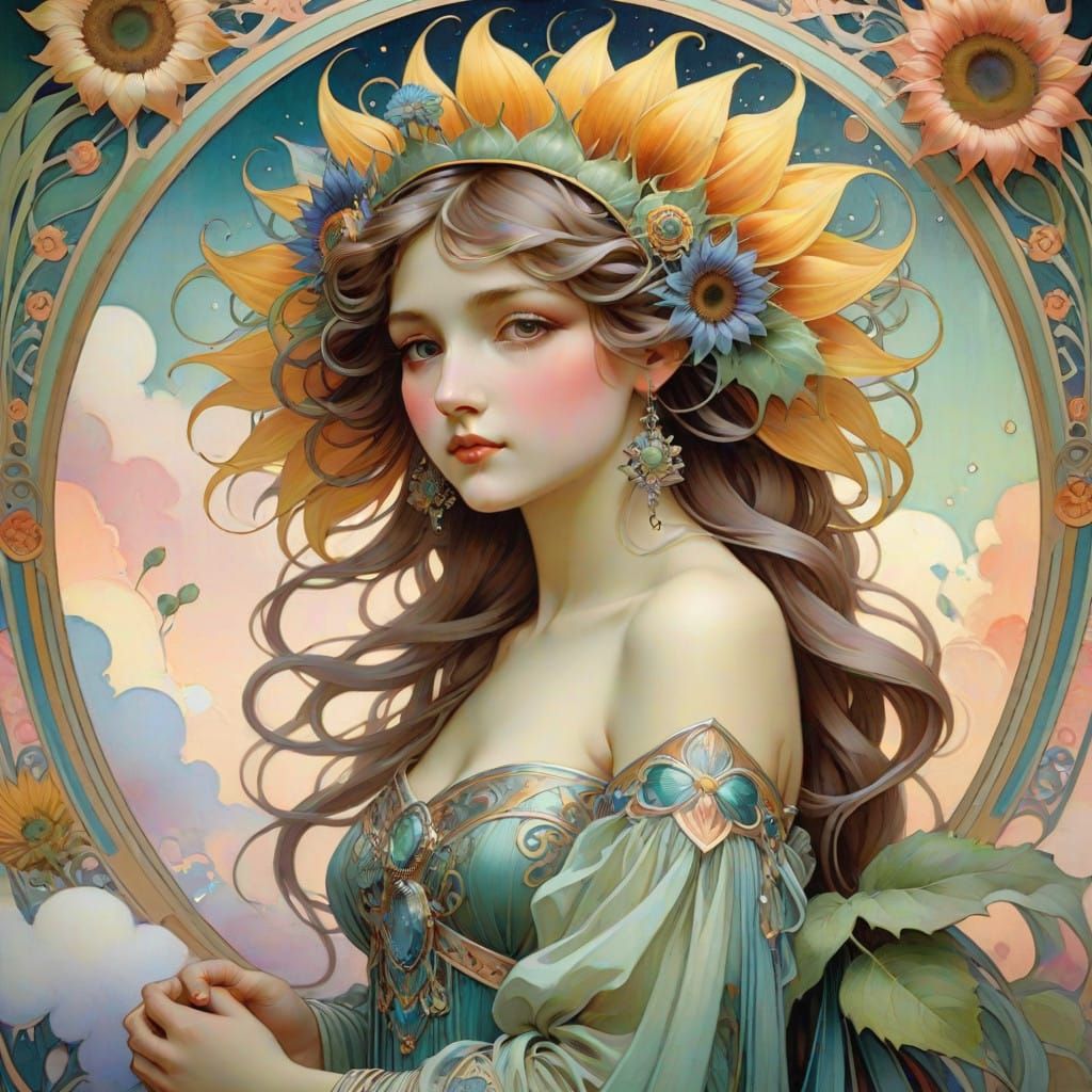 Ethereal Rainbow Sunflower Goddess in Whimsical Clouds of Co...