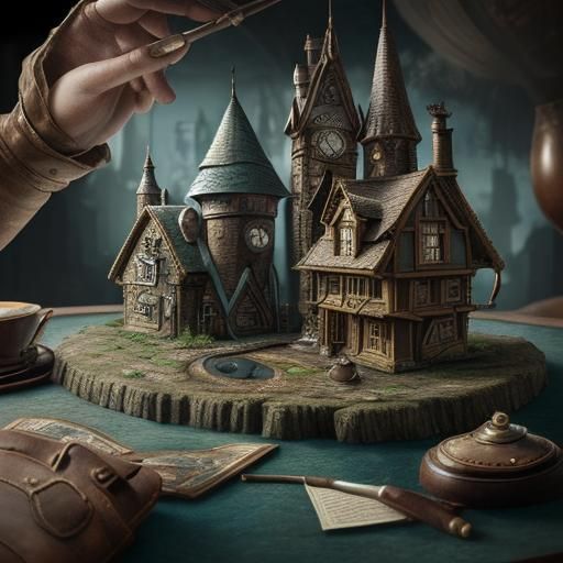 Miniature Fantasy Village Inside Leather Case