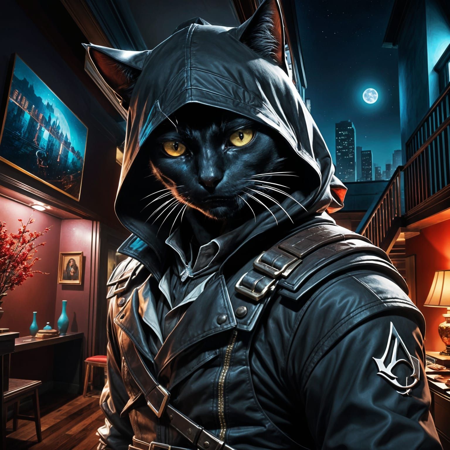 Assassin Cat on a Stealth Mission in Moonlight