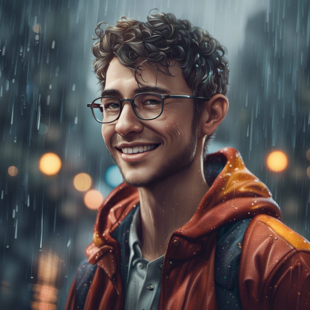 Smiling Man in Rain: Detailed Fantasy Concept Art