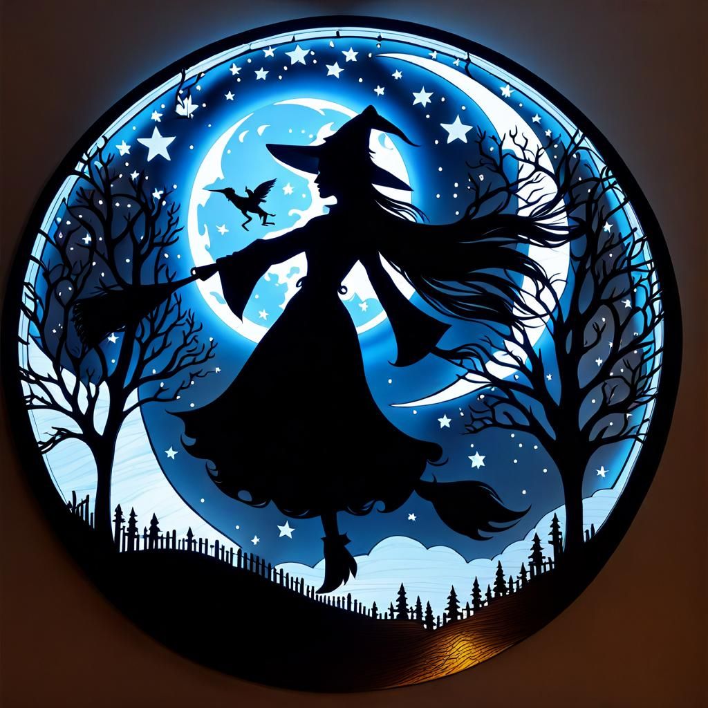 Witch Silhouette Flying Across the Moon