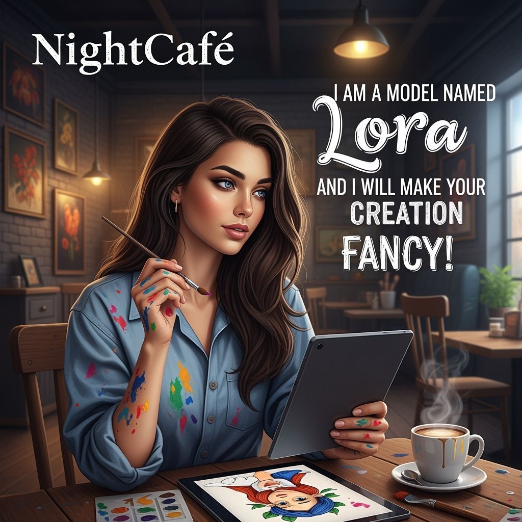 Brunette Artist in Cafe with Tablet, Matte Painting