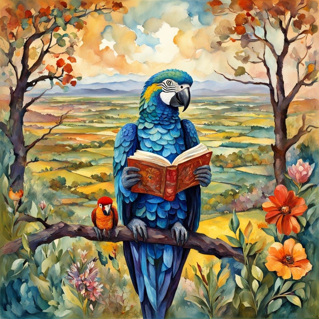 Parrot in Patchwork Dress Reading Book in Exotic Landscape