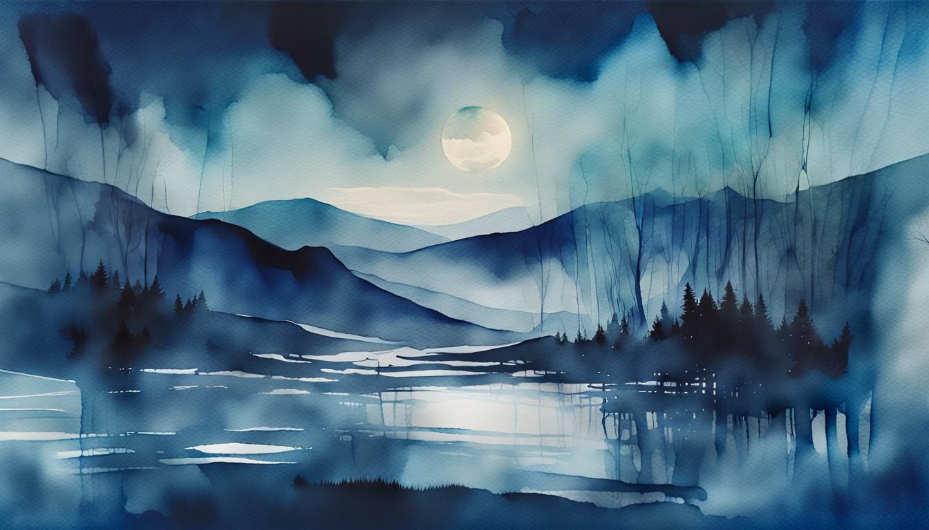 Blue Landscape in Watercolor with Volumetric Lighting