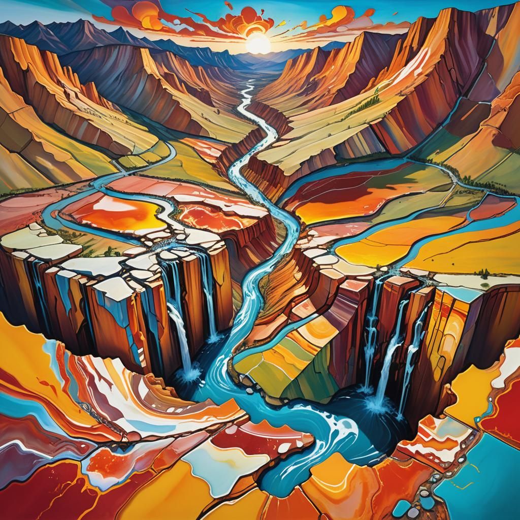 Scythian Canyon with Waterfalls in Expressionist Style