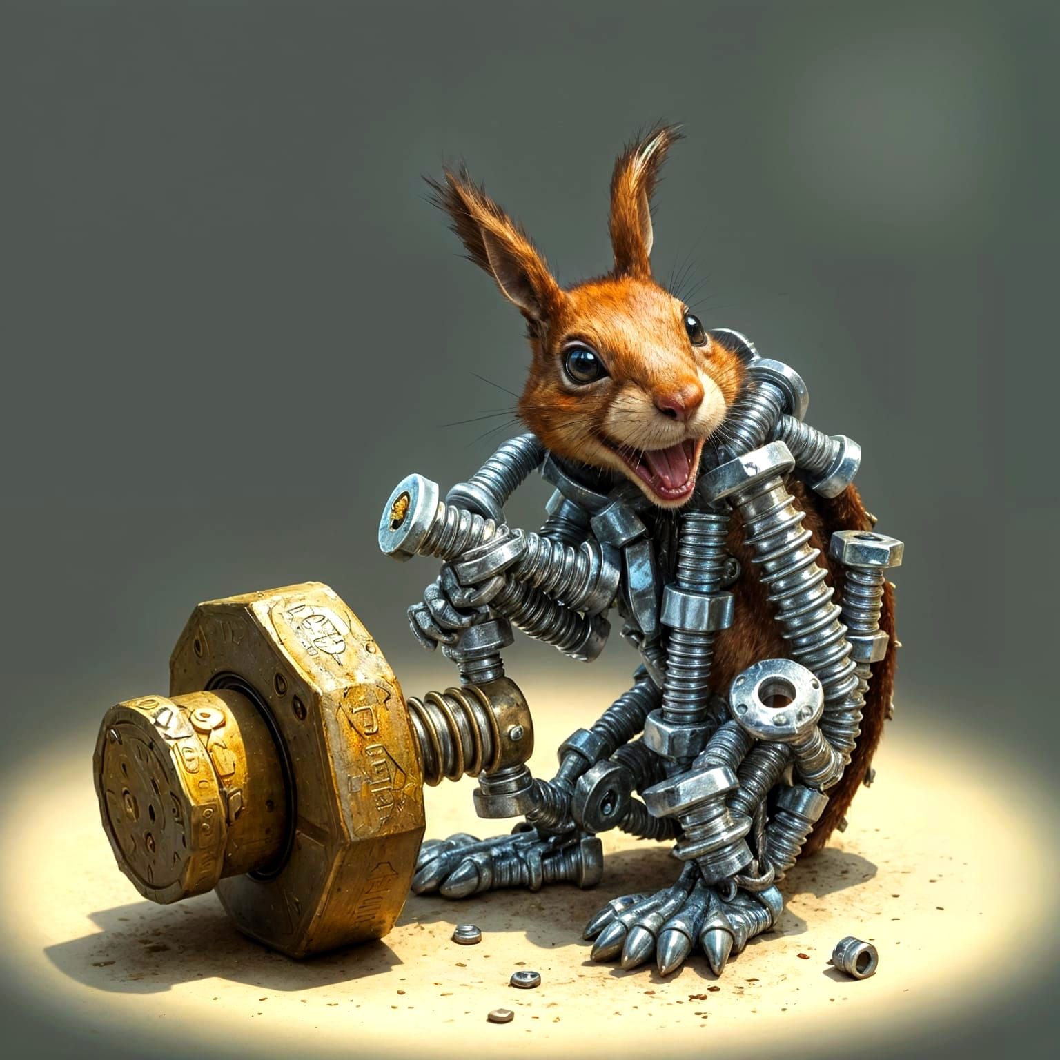 Whimsical Screw Squirrel Eats Giant Bolt in Dramatic Light