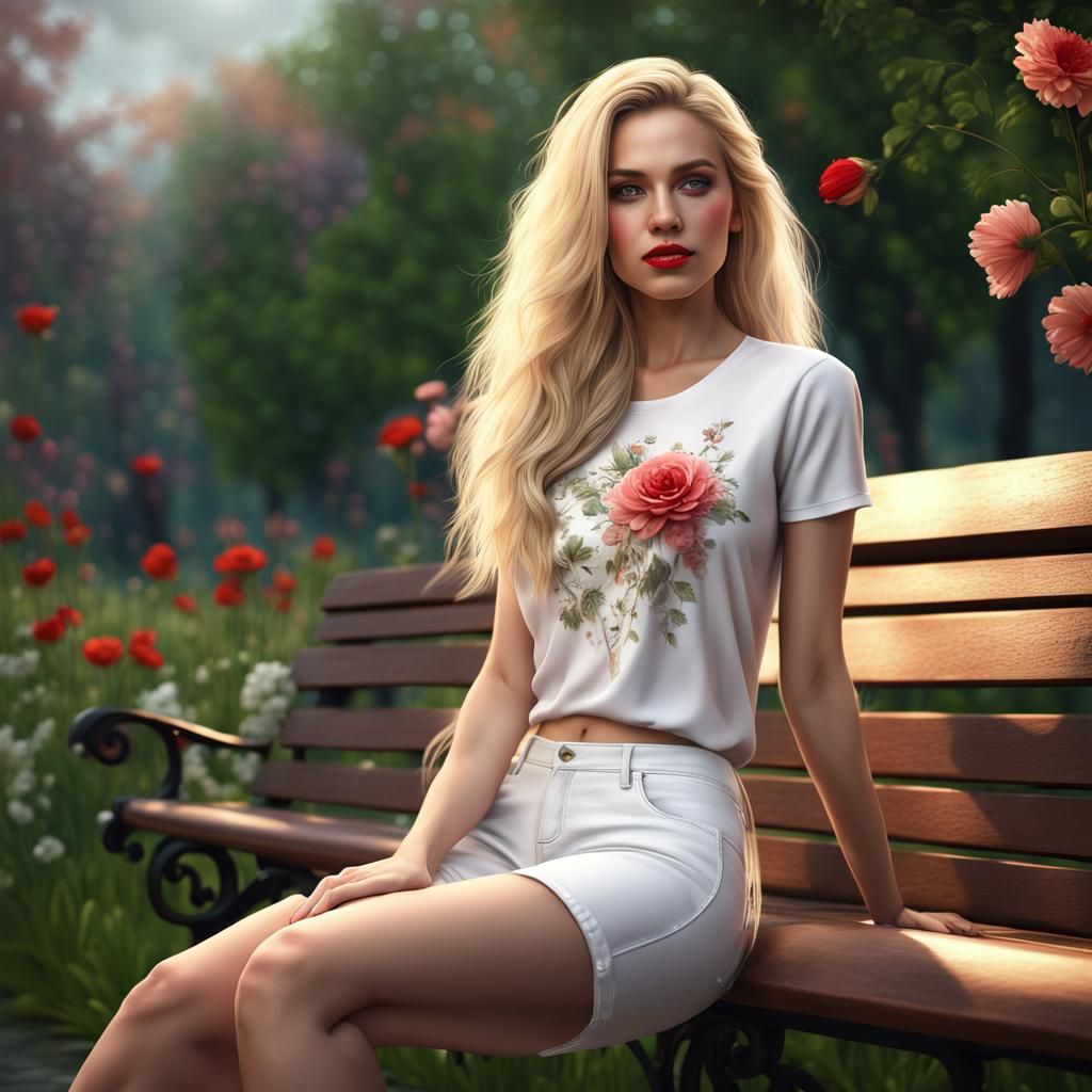 Girl with Flowers on Bench, Detailed Matte Painting