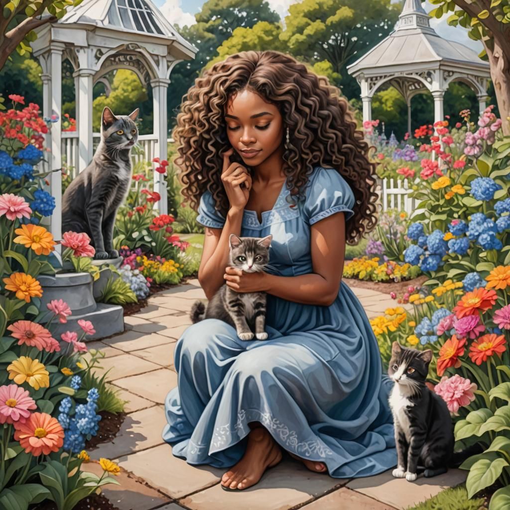 Woman and Kitten in Flower Garden: Charcoal Drawing