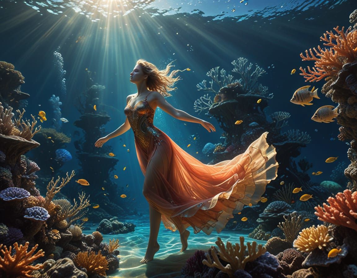 Ethereal Dancer in Sunlit Coral Reef Digital Art