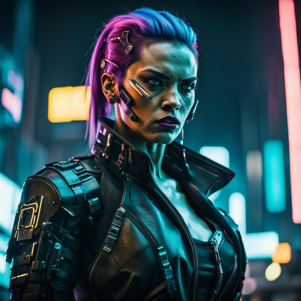 Angry Beauty in Cyberpunk Cityscape: Realistic Photograph