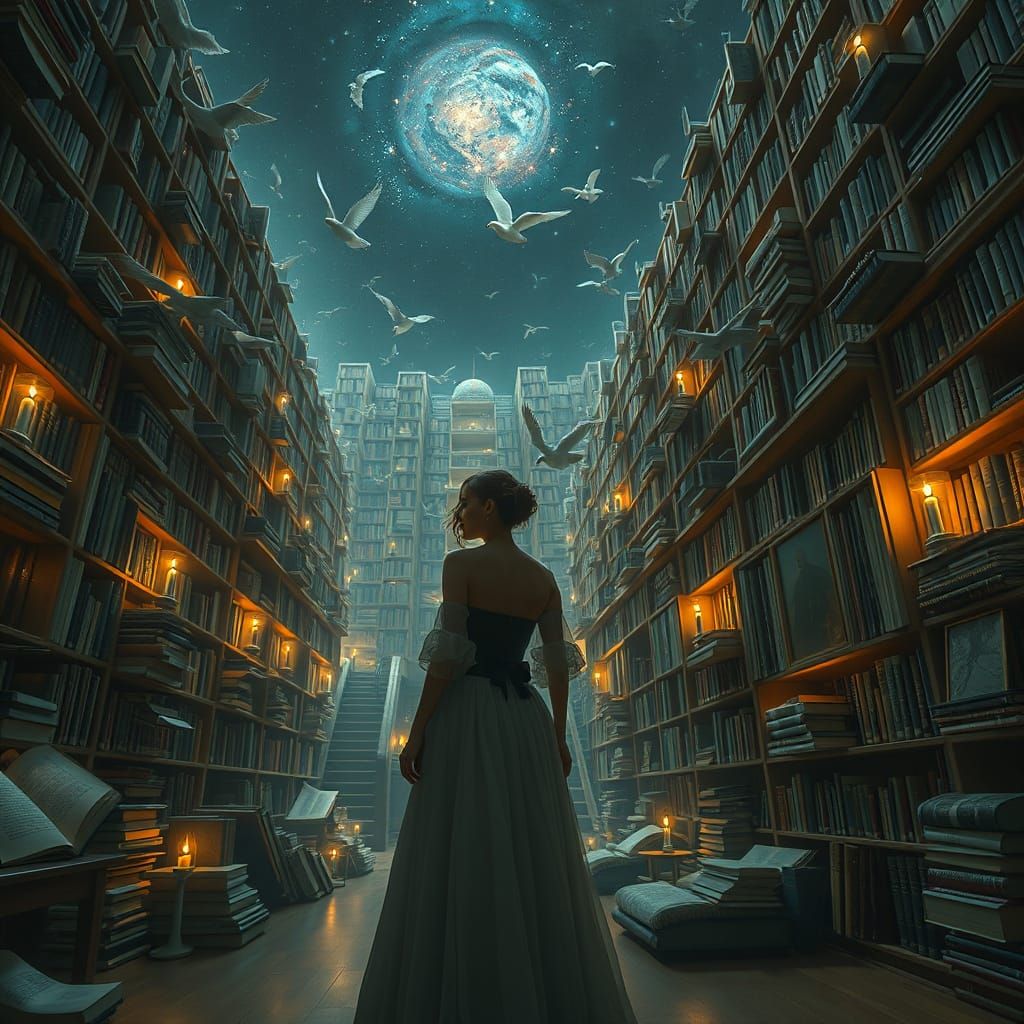 Surrealism-Style Library of Endless Wonder and Discovery