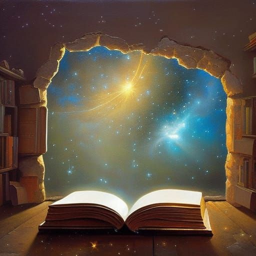 Stars Emerge from Books in Surreal Oil Painting