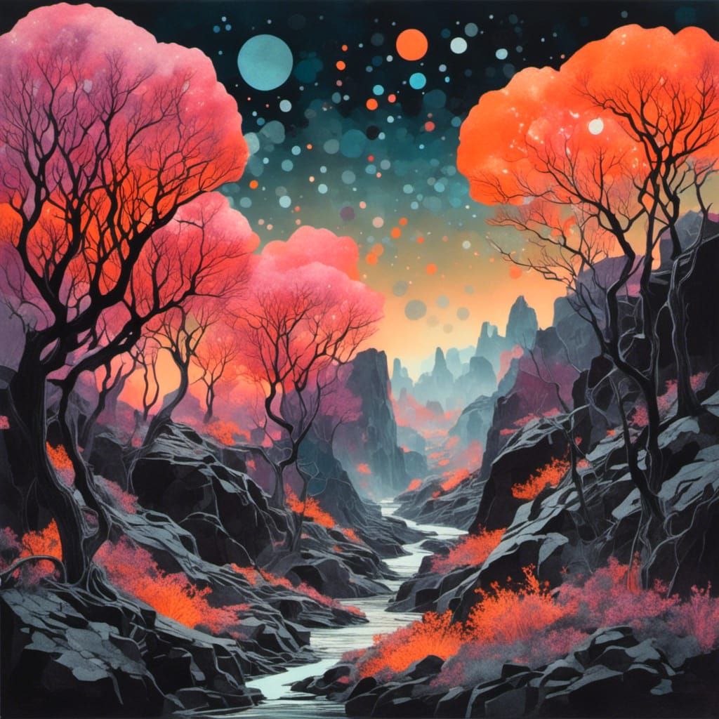 Ethereal Volcanic Rocks Collage with Winding Branches