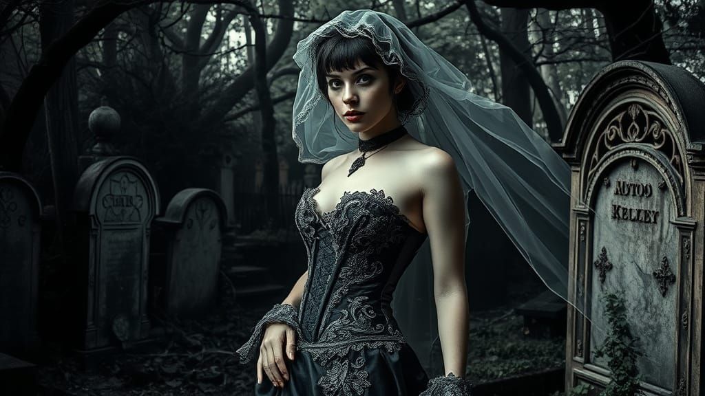 Gothic Model in Baroque Dress in Victorian Cemetery Sketch
