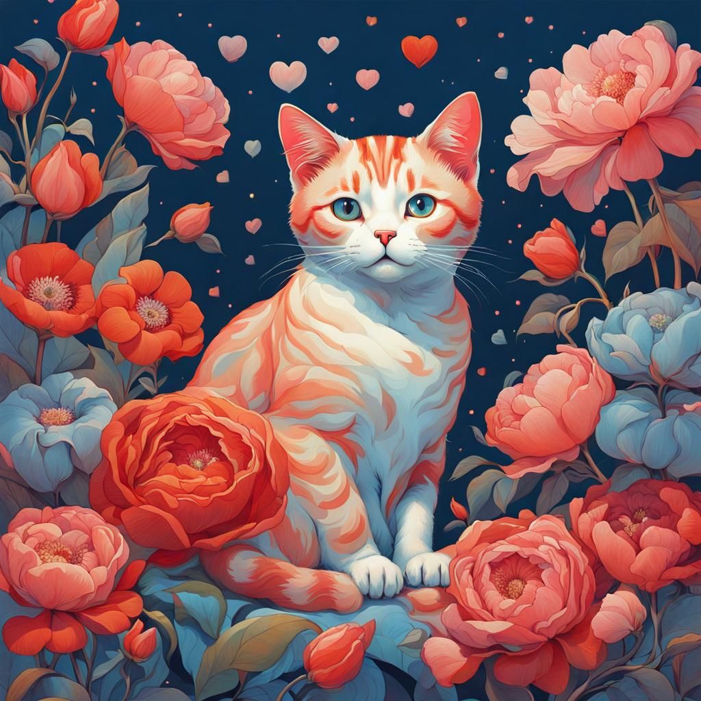Ethereal Cat Surrounded by Flowers in Digital Art