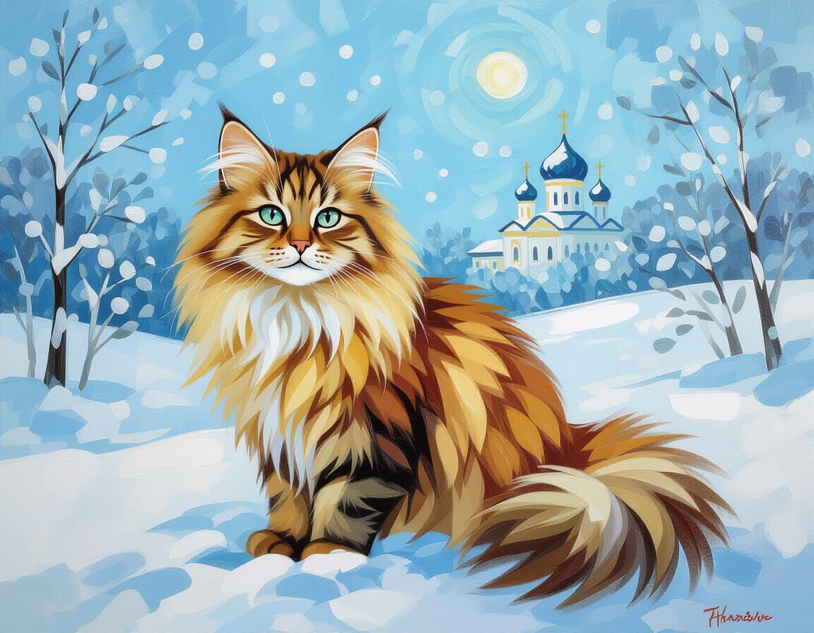 Fluffy Siberian Cat in Snowfall, Fairytale Oil Painting
