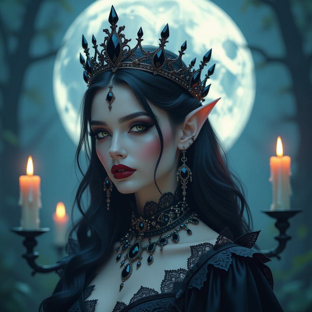 Gothic Elf in Moonlit Forest with Obsidian Crown