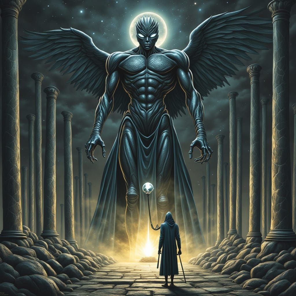 Cosmic Guardian in Ancient Temple, Sci-Fi Mysterious Scene