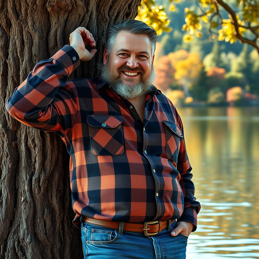 Friendly Man with Beard Leaning on Tree, Hyperrealistic Styl...