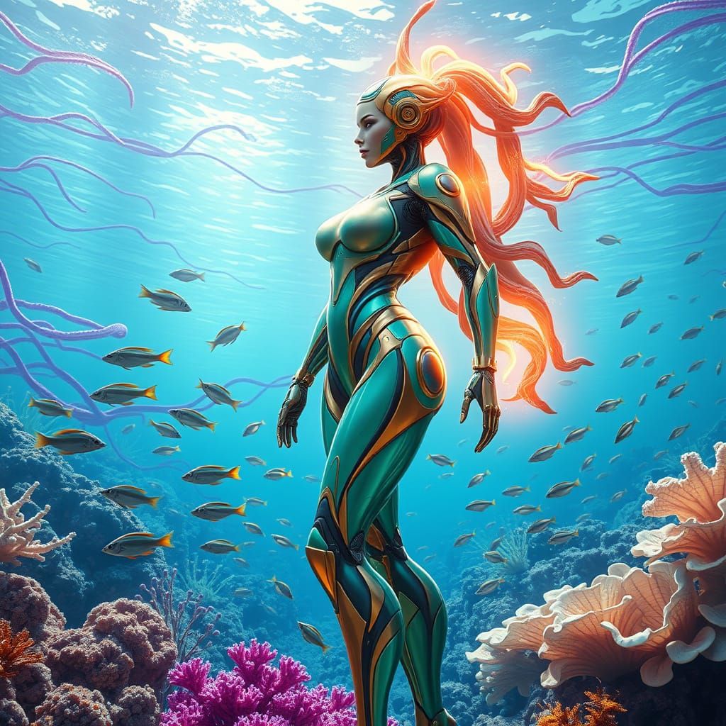 Golden Goddess Robot Dives and Transports Amidst Vibrant Ali...