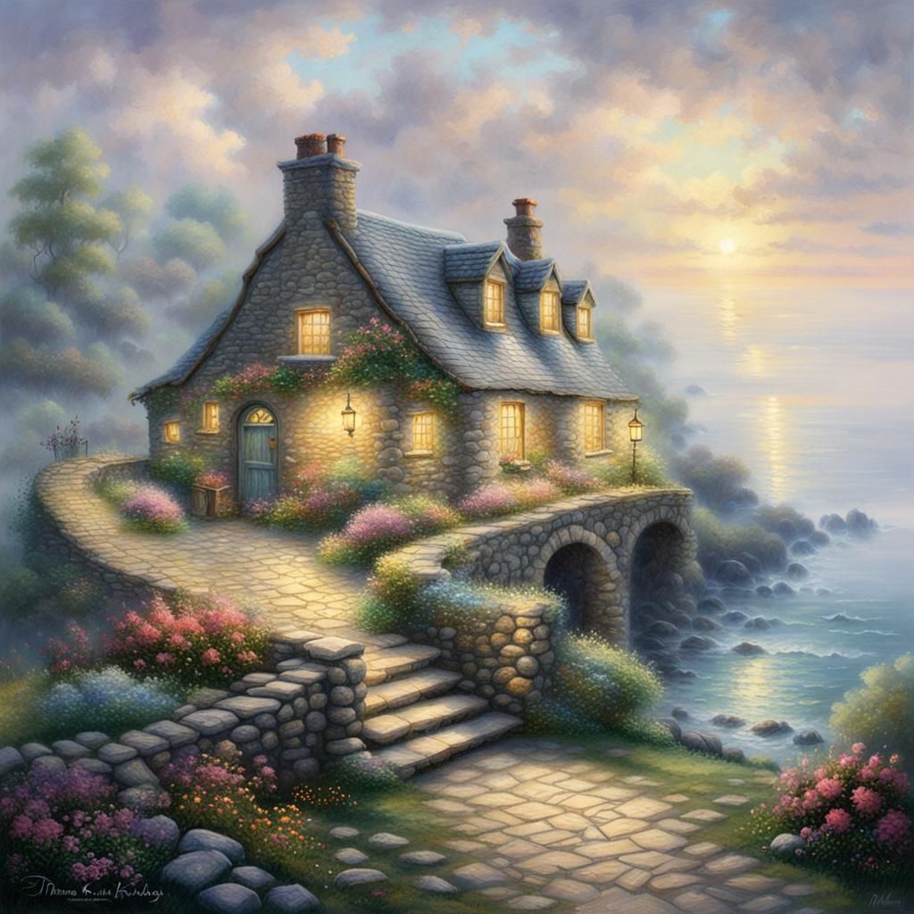 Stone Cottage by Sea in Ethereal Fantasy Style