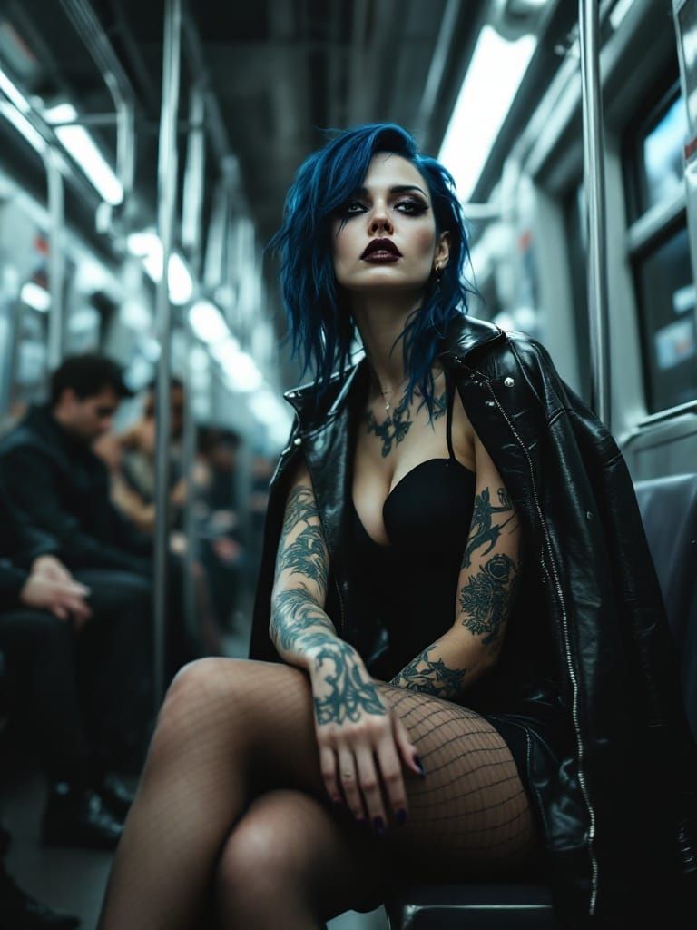 Gothic Punk Rebel in High-Fashion Noir Subway Scene
