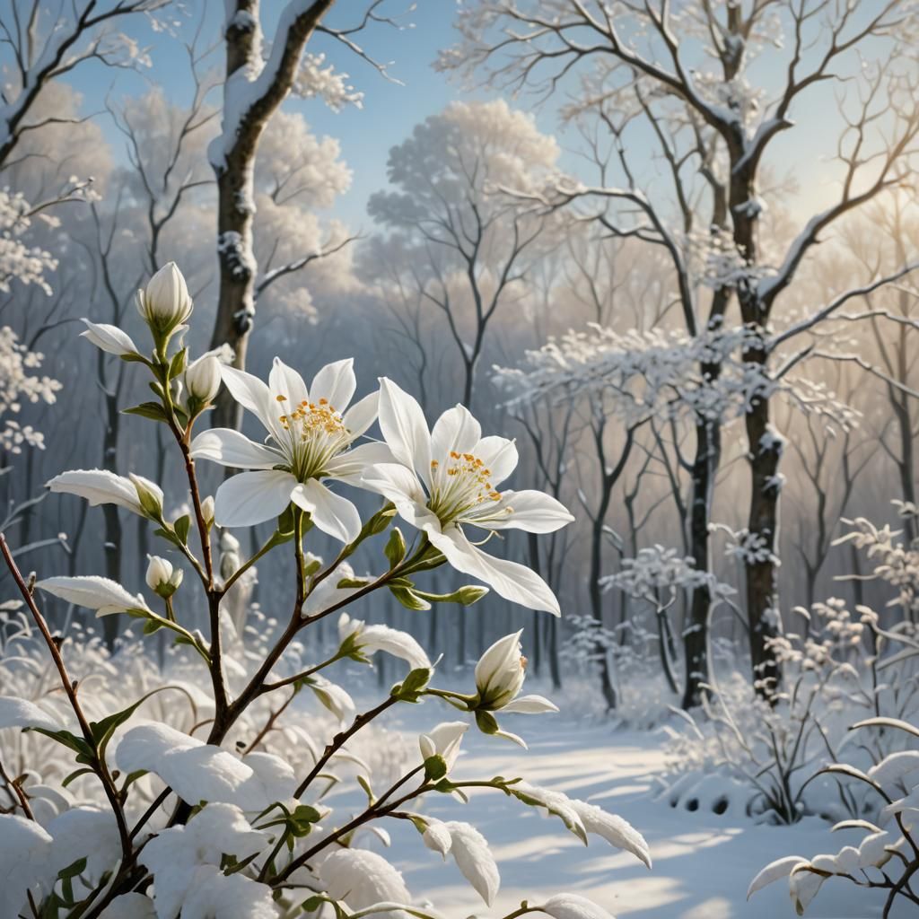 Delicate White Flower in Snowy Landscape: Impasto Oil Painti...