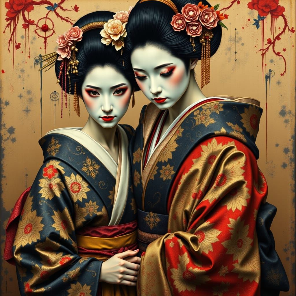 Samurai and Mourning Geisha in Ancient Japan