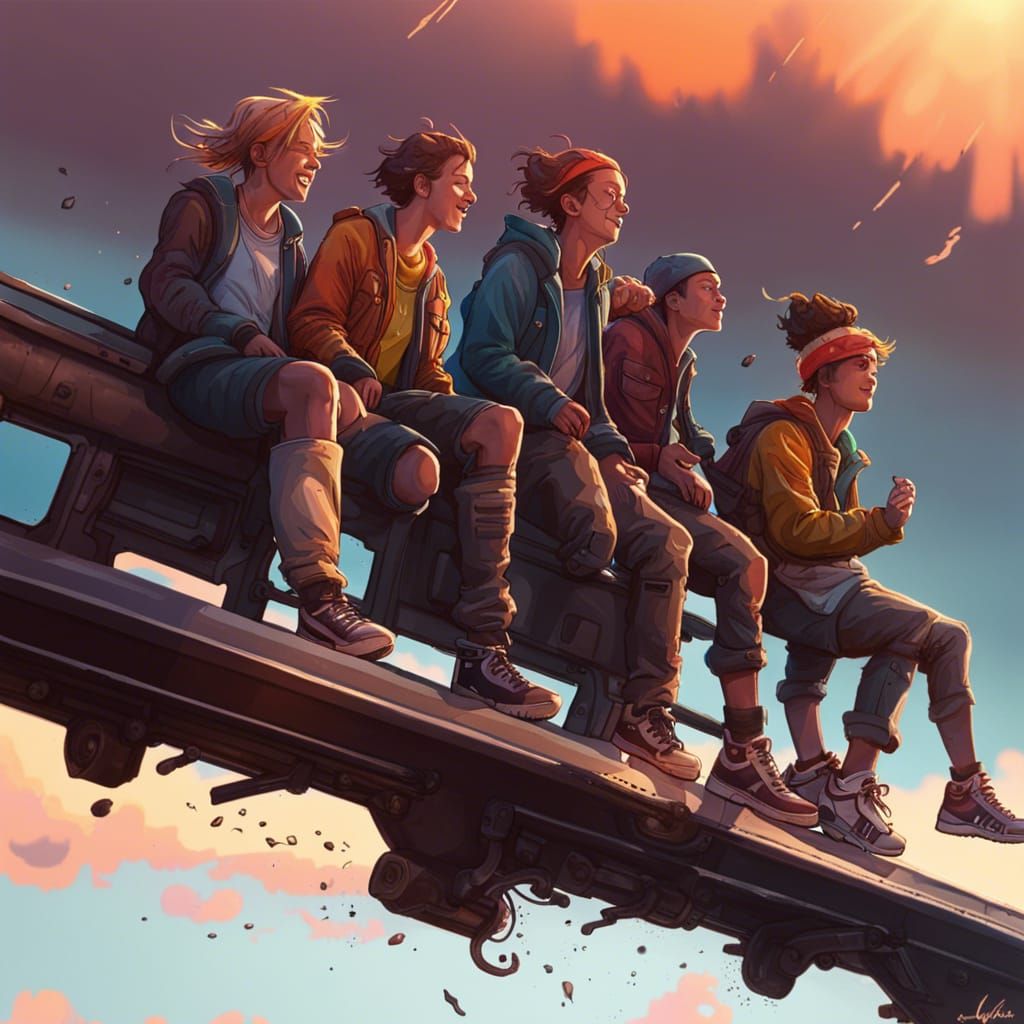 Teenagers' Joyful Leap on Train at Dawn