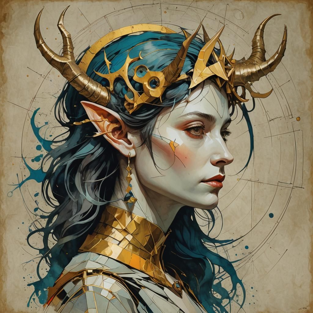 Horned Woman Profile in Brian Froud Pop Art Style