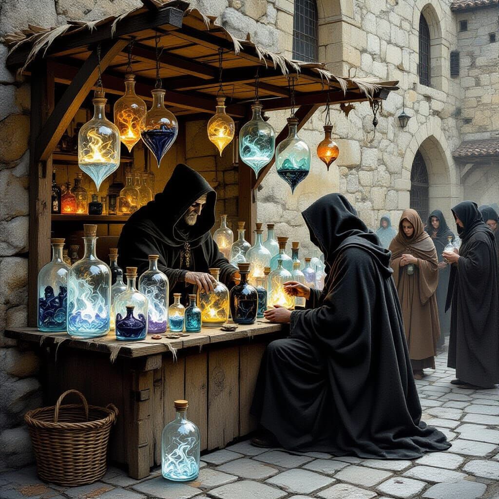 Gothic Market of Bottled Emotions in Tempera Style