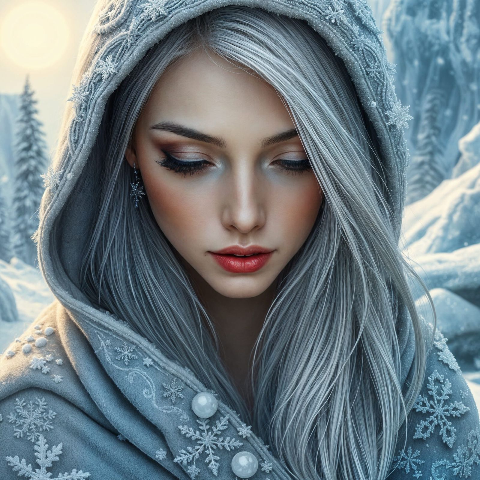 Ethereal Winter Goddess in Silver-White Haze