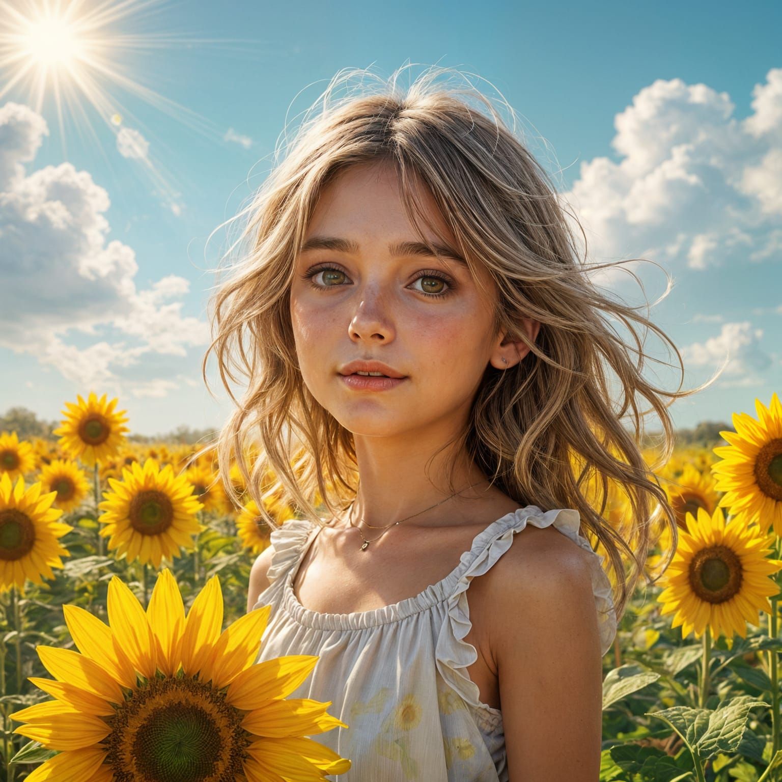Girl and Sunflower in Sunny Field Concept Art