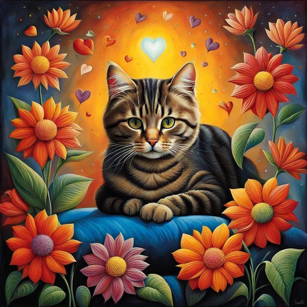 Cat on Pillow Surrounded by Flowers, Surrealist Art