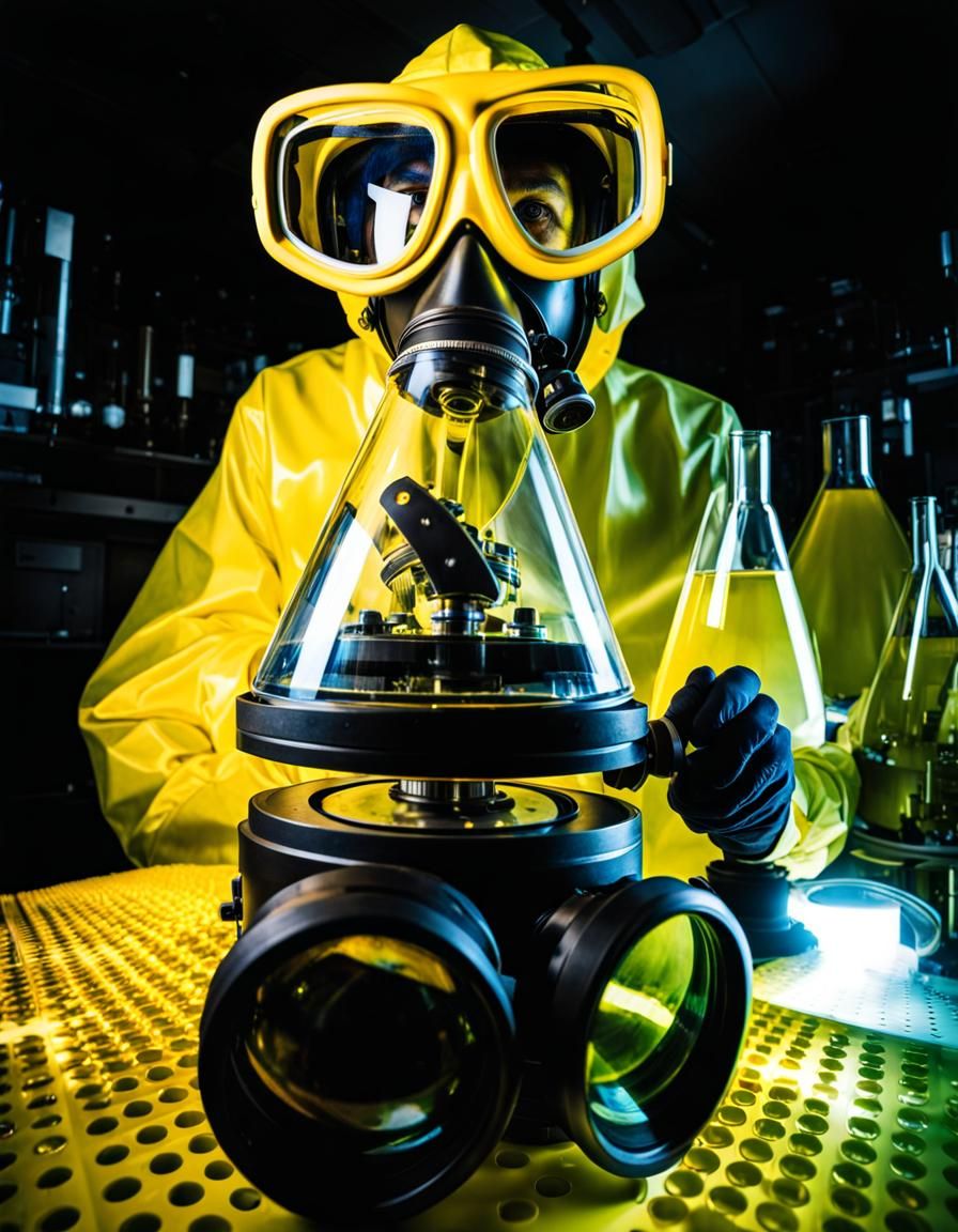 Futuristic Scientist in Cyberpunk Lab with Fisheye Lens