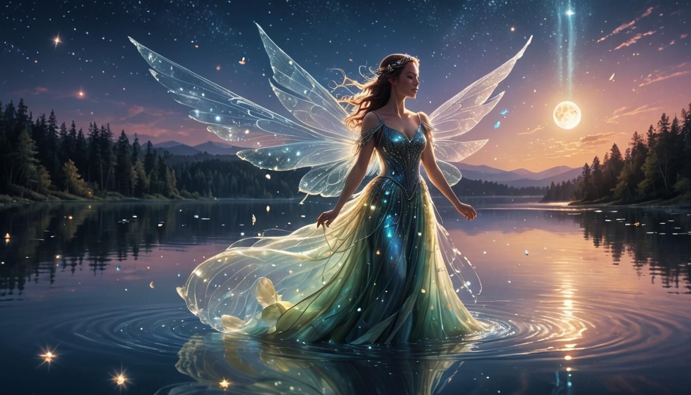Ethereal Fairy Gliding Over Moonlit Lake in Magical Realism