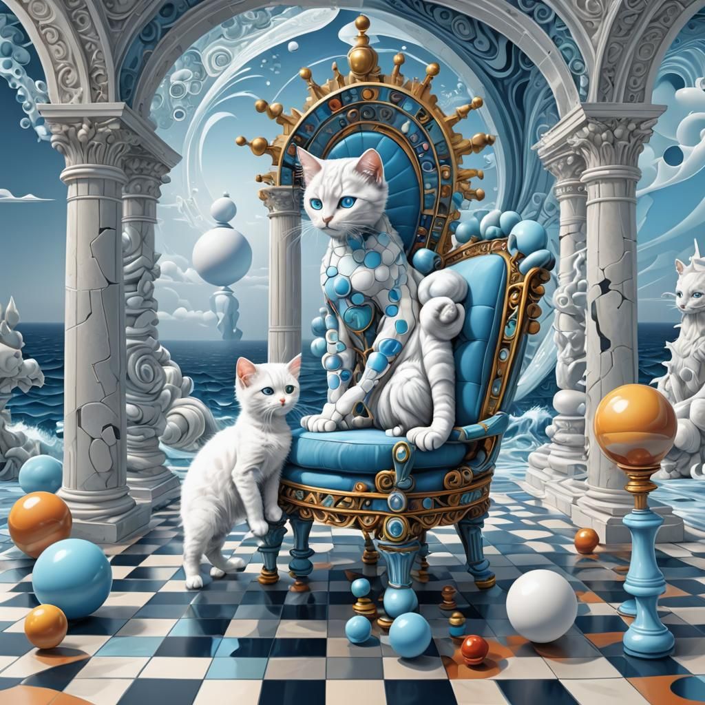 Surreal Chessboard World with Alien Woman and Kitten