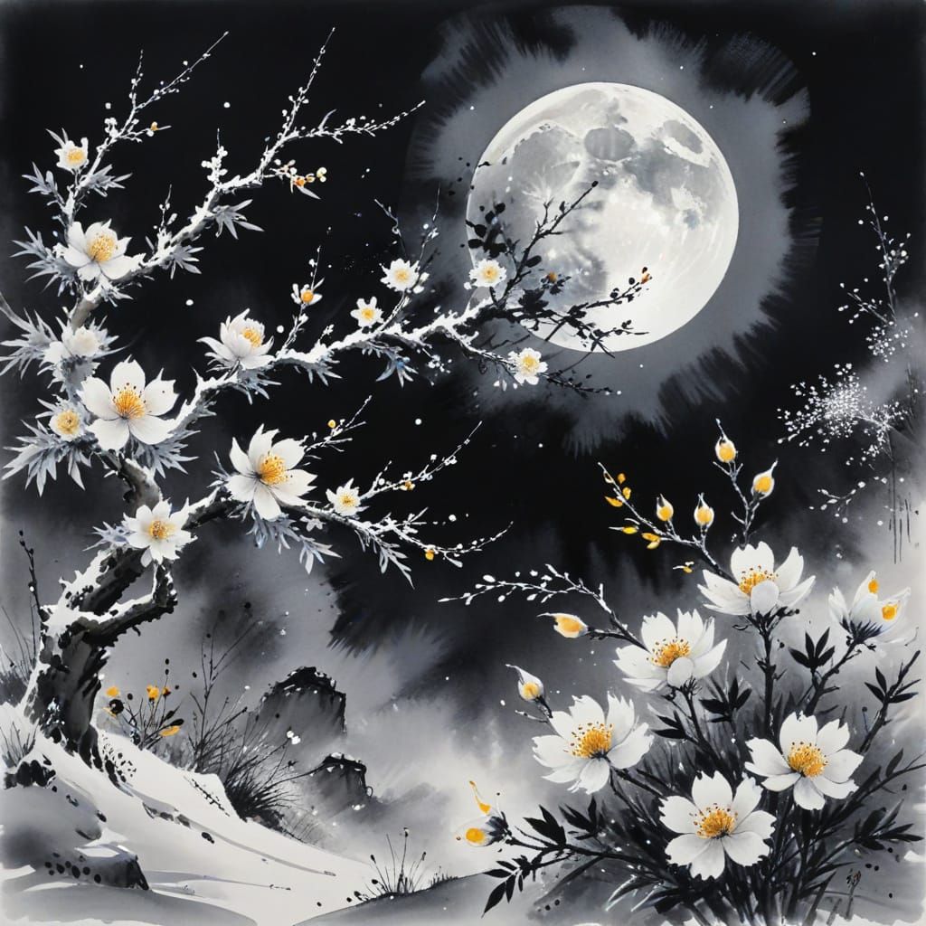 Lunar Flowers in Chinese Ink Painting Style