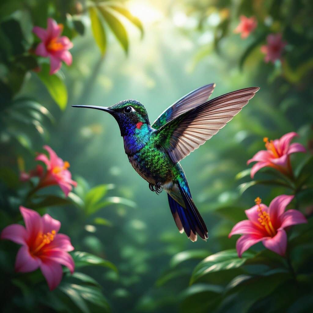 Iridescent Hummingbird in Tropical Rainforest: Hyperrealisti...