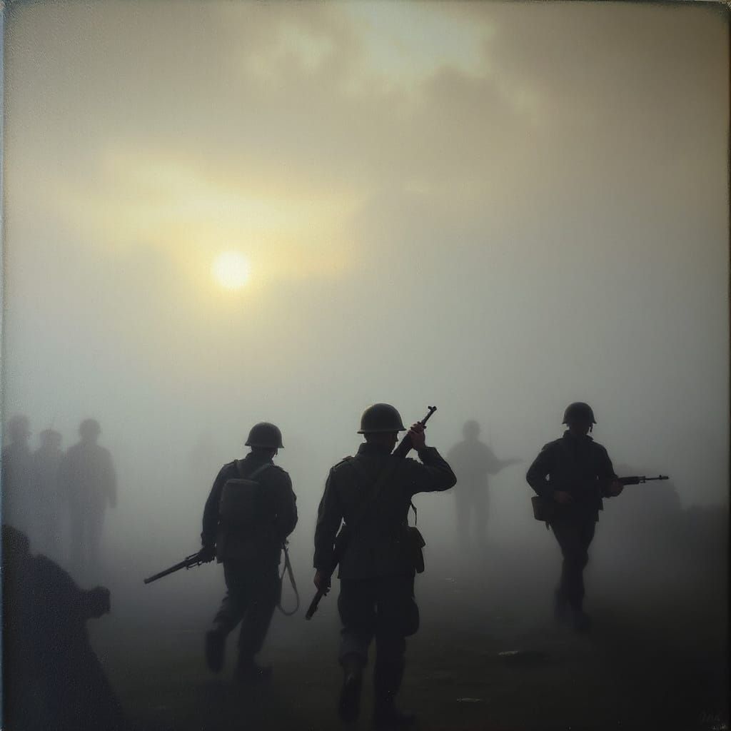Soldiers Advance Through Fog at Dawn