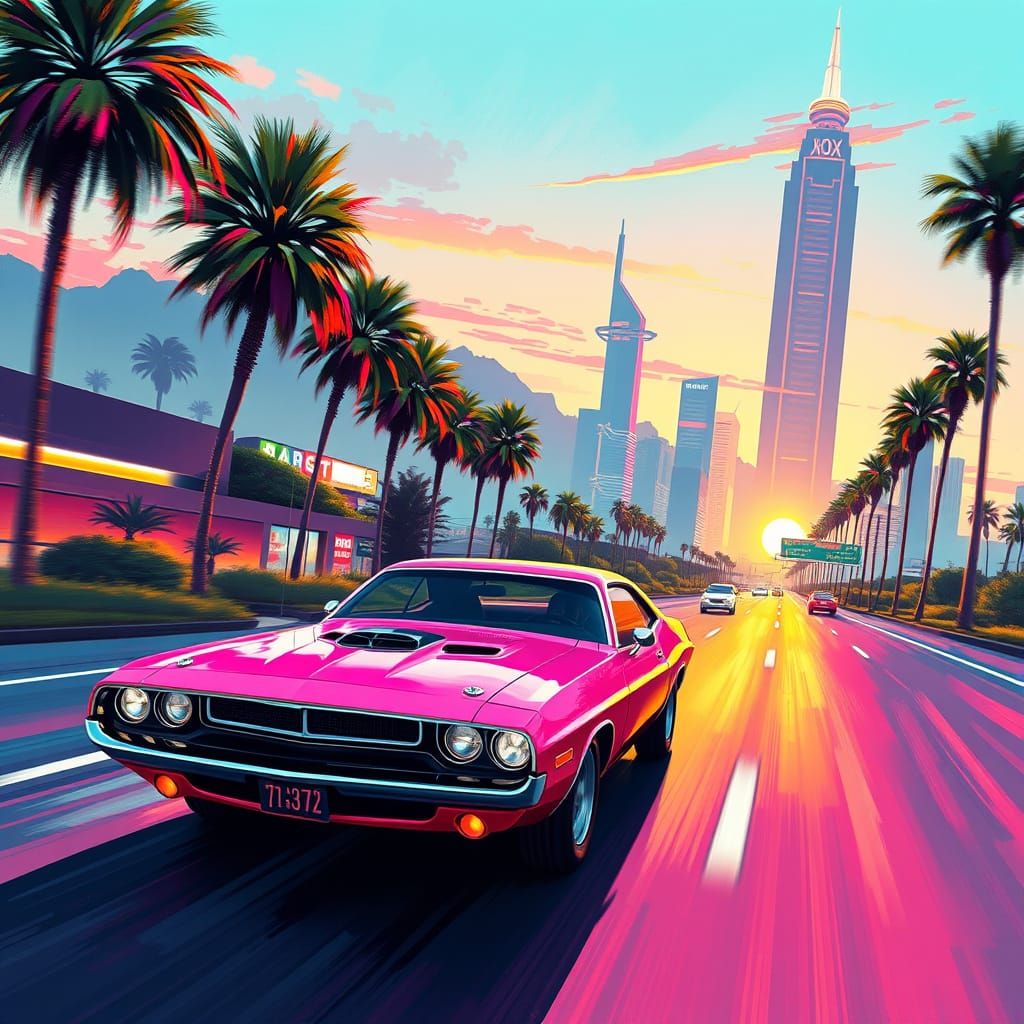 Futuristic Pink Dodge Challenger Speeds Down Sunset Highway