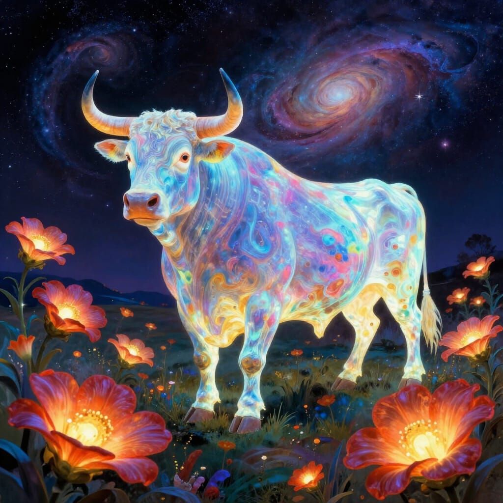 Spectral Bull Amidst Bioluminescent Flowers in Surreal Sky