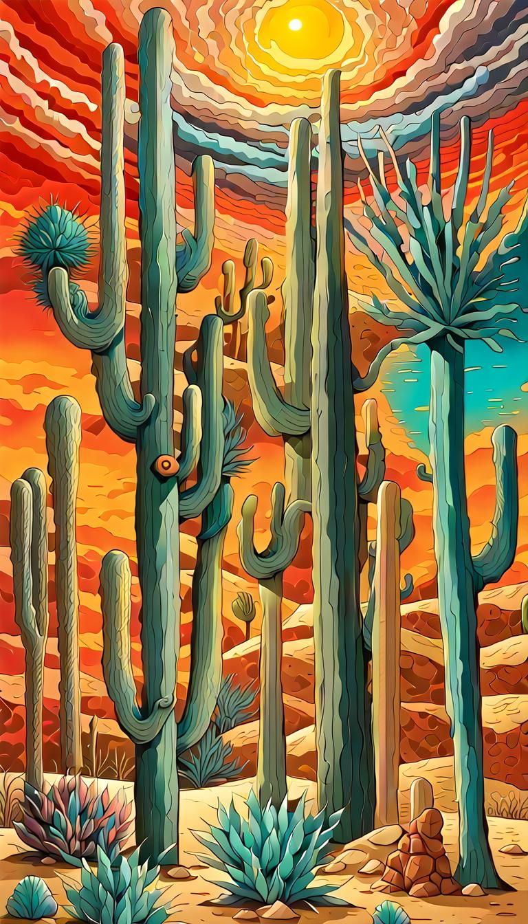 Surreal Desert Plant Art Display in Psychedelic Style