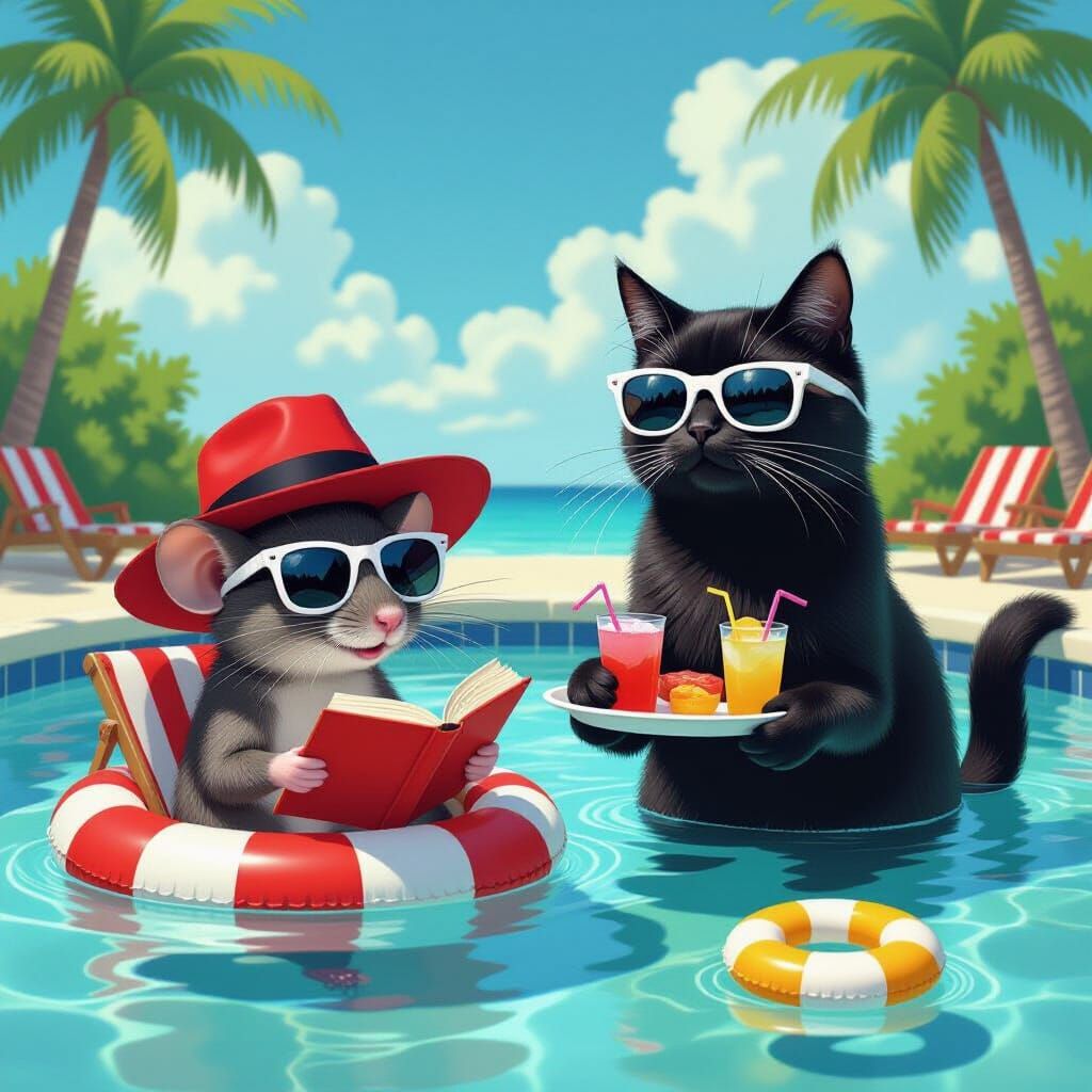 Mouse Reads by Pool While Cat Serves Drinks